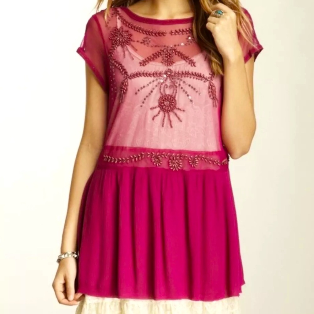 Free People| Beaded Sheer Top| Sheer Gauze Magenta Top